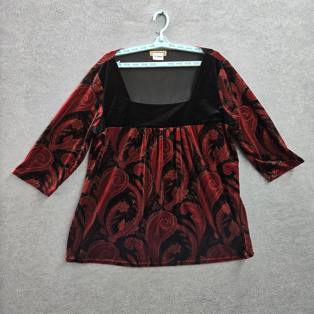 Notations Women Blouse 3X Red Paisley Velvet Square Neck Pullover‎